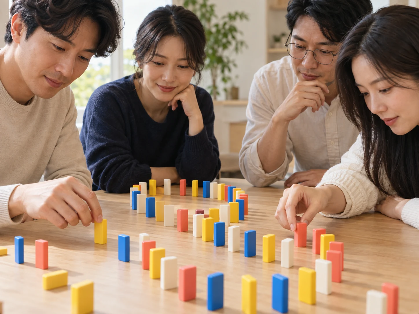 여러 사람이 테이블에 둘러앉아 함께 컬러 도미노를 배열하는 모습. AI 브랜드 콘셉트 이미지.